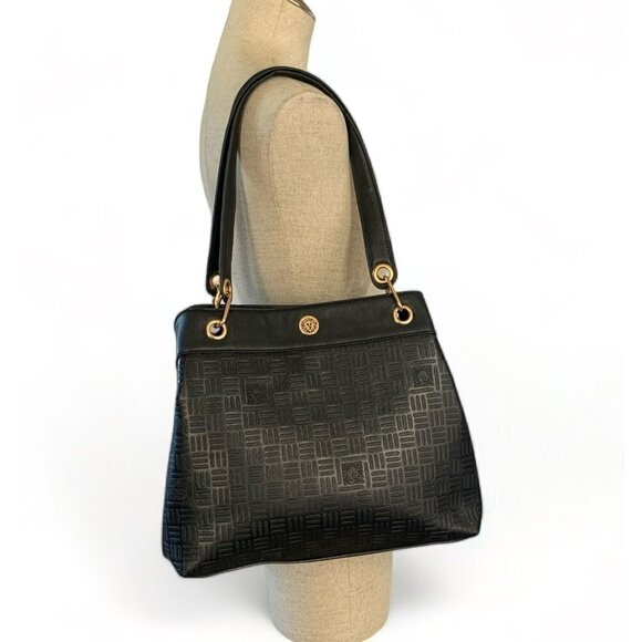 Anne Klein Shoulder Bag Textured Black Vegan Leather Gold Hardware 13"W x 11.5"H - Picture 3 of 9